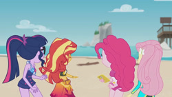 Size: 3410x1920 | Tagged: safe, screencap, fluttershy, pinkie pie, sci-twi, sunset shimmer, twilight sparkle, equestria girls, equestria girls series, g4, unsolved selfie mysteries, bare shoulders, beach, cellphone, clothes, female, fluttershy's wetsuit, geode of sugar bombs, geode of telekinesis, glasses, group, hairpin, high res, jewelry, magical geodes, necklace, one-piece swimsuit, phone, pinkie pie swimsuit, ponytail, quartet, sci-twi swimsuit, sleeveless, smartphone, swimsuit, water, wetsuit