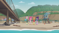 Size: 3410x1920 | Tagged: safe, screencap, fluttershy, pinkie pie, sci-twi, sunset shimmer, timber spruce, twilight sparkle, equestria girls, equestria girls series, g4, unsolved selfie mysteries, bare shoulders, beach, cellphone, clothes, female, geode of fauna, geode of sugar bombs, glasses, hairpin, high res, jewelry, magical geodes, male, necklace, one-piece swimsuit, open mouth, phone, pinkie pie swimsuit, ponytail, sandals, sci-twi swimsuit, sleeveless, smartphone, swimsuit, water, wetsuit