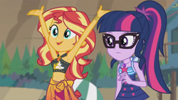 Size: 3410x1920 | Tagged: safe, screencap, sci-twi, sunset shimmer, twilight sparkle, equestria girls, equestria girls series, g4, unsolved selfie mysteries, armpits, bare shoulders, belly button, clothes, cute, female, geode of empathy, geode of telekinesis, glasses, high res, jewelry, magical geodes, necklace, one-piece swimsuit, open mouth, ponytail, shimmerbetes, sleeveless, swimsuit