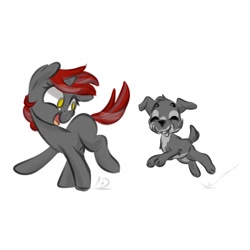 Size: 900x900 | Tagged: safe, artist:jen-neigh, oc, oc only, oc:wick, oc:willow wisp, dog, pony, unicorn, fallout equestria: of shadows, female, filly, freckles, miniature schnauzer, playing, puppy