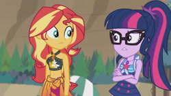 Size: 3410x1920 | Tagged: safe, screencap, sci-twi, sunset shimmer, twilight sparkle, equestria girls, equestria girls series, g4, unsolved selfie mysteries, armpits, bare shoulders, belly button, clothes, crossed arms, female, geode of empathy, geode of telekinesis, glasses, high res, jewelry, magical geodes, necklace, one-piece swimsuit, open mouth, ponytail, sleeveless, swimsuit