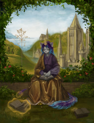 Size: 972x1280 | Tagged: safe, artist:hirichie, oc, oc only, unicorn, anthro, book, castle, clothes, cloud, day, digital art, dress, eyes closed, female, glowing, glowing horn, grass, horn, levitation, lidded eyes, magic, outdoors, reading, sitting, sky, solo, telekinesis, tree