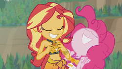Size: 3410x1920 | Tagged: safe, screencap, pinkie pie, sunset shimmer, equestria girls, equestria girls series, g4, unsolved selfie mysteries, bare shoulders, belly button, clothes, eyes closed, female, geode of empathy, geode of sugar bombs, grin, high res, jewelry, magical geodes, necklace, nose in the air, one-piece swimsuit, sleeveless, smiling, swimsuit