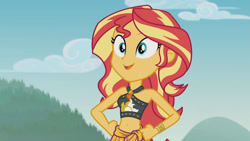 Size: 3410x1920 | Tagged: safe, screencap, sunset shimmer, equestria girls, equestria girls series, g4, unsolved selfie mysteries, bare shoulders, belly button, cute, female, geode of empathy, high res, jewelry, magical geodes, necklace, open mouth, shimmerbetes, sleeveless, solo