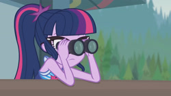 Size: 3410x1920 | Tagged: safe, screencap, sci-twi, twilight sparkle, equestria girls, g4, my little pony equestria girls: better together, unsolved selfie mysteries, bare shoulders, binoculars, clothes, female, glasses, high res, one-piece swimsuit, ponytail, sci-twi swimsuit, sleeveless, solo, swimsuit