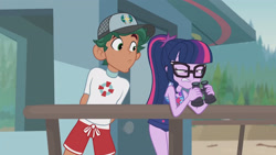 Size: 3410x1920 | Tagged: safe, screencap, sci-twi, timber spruce, twilight sparkle, equestria girls, g4, my little pony equestria girls: better together, unsolved selfie mysteries, bare shoulders, clothes, female, geode of telekinesis, glasses, high res, jewelry, lifeguard timber, magical geodes, male, necklace, one-piece swimsuit, ponytail, sleeveless, swimsuit