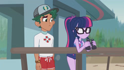 Size: 3410x1920 | Tagged: safe, screencap, sci-twi, timber spruce, twilight sparkle, equestria girls, g4, my little pony equestria girls: better together, unsolved selfie mysteries, bare shoulders, clothes, female, geode of telekinesis, glasses, high res, jewelry, lifeguard timber, magical geodes, male, necklace, one-piece swimsuit, ponytail, sleeveless, swimsuit