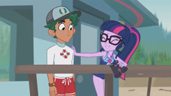 Size: 3410x1920 | Tagged: safe, screencap, sci-twi, timber spruce, twilight sparkle, equestria girls, g4, my little pony equestria girls: better together, unsolved selfie mysteries, bare shoulders, clothes, eyes closed, female, geode of telekinesis, glasses, high res, jewelry, lifeguard timber, magical geodes, male, necklace, one-piece swimsuit, ponytail, sleeveless, smiling, swimsuit