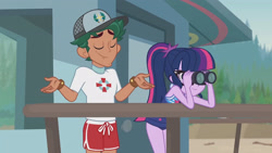 Size: 3410x1920 | Tagged: safe, screencap, sci-twi, timber spruce, twilight sparkle, equestria girls, g4, my little pony equestria girls: better together, unsolved selfie mysteries, bare shoulders, binoculars, clothes, eyes closed, female, glasses, high res, jewelry, lifeguard timber, magical geodes, male, necklace, one-piece swimsuit, ponytail, sci-twi swimsuit, sleeveless, smiling, swimsuit