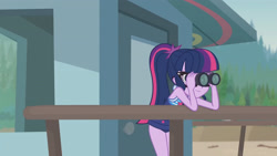 Size: 3410x1920 | Tagged: safe, screencap, sci-twi, twilight sparkle, equestria girls, g4, my little pony equestria girls: better together, unsolved selfie mysteries, bare shoulders, binoculars, clothes, female, glasses, high res, one-piece swimsuit, ponytail, sci-twi swimsuit, sleeveless, smiling, solo, swimsuit