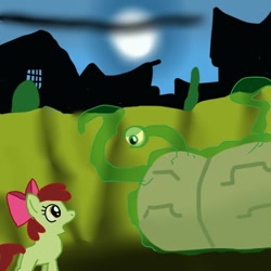Size: 600x600 | Tagged: safe, artist:kushina13, apple bloom, earth pony, pony, g4, brain eating meteor, brains!, crater, crossover, duo, female, filly, full moon, house, looking at each other, moon, night, open mouth, outdoors, tentacles, the grim adventures of billy and mandy