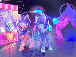 Size: 4000x3000 | Tagged: safe, artist:plasma fall, artist:plasmafall, oc, oc only, earth pony, pony, unicorn, arcade, clothes, commission, duo, female, headphones, mare, neon, open mouth, roller coaster, smiling, tent