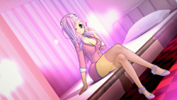 Size: 1920x1080 | Tagged: safe, artist:ratachu666, fluttershy, equestria girls, g4, 3d, bed, breasts, busty fluttershy, cleavage, clothes, crossed legs, female, fishnet stockings, hat, koikatsu, looking at you, nurse, nurse hat, nurse outfit, one eye closed, pillow, sitting, skirt, smiling, syringe, wink, winking at you