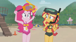 Size: 3410x1920 | Tagged: safe, screencap, pinkie pie, sunset shimmer, equestria girls, g4, my little pony equestria girls: better together, unsolved selfie mysteries, bare shoulders, beach, beach shorts swimsuit, belly button, clothes, dive mask, female, geode of empathy, geode of sugar bombs, goggles, high res, jewelry, magical geodes, necklace, one-piece swimsuit, pinkie pie swimsuit, sleeveless, smiling, sunset shimmer's beach shorts swimsuit, swimsuit