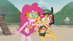 Size: 3410x1920 | Tagged: safe, screencap, pinkie pie, sunset shimmer, equestria girls, g4, my little pony equestria girls: better together, unsolved selfie mysteries, bare shoulders, beach, beach shorts swimsuit, belly button, clothes, dive mask, female, geode of empathy, geode of sugar bombs, goggles, high res, jewelry, magical geodes, necklace, one-piece swimsuit, pinkie pie swimsuit, sleeveless, sunset shimmer's beach shorts swimsuit, swimsuit