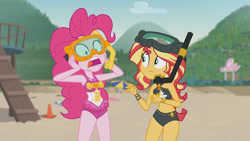 Size: 3410x1920 | Tagged: safe, screencap, pinkie pie, sunset shimmer, equestria girls, g4, my little pony equestria girls: better together, unsolved selfie mysteries, bare shoulders, beach, beach shorts swimsuit, belly button, clothes, dive mask, female, geode of empathy, geode of sugar bombs, goggles, high res, jewelry, magical geodes, necklace, one-piece swimsuit, open mouth, pinkie pie swimsuit, sleeveless, sunset shimmer's beach shorts swimsuit, swimsuit