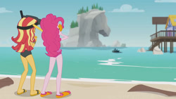 Size: 3410x1920 | Tagged: safe, screencap, pinkie pie, sunset shimmer, equestria girls, g4, my little pony equestria girls: better together, unsolved selfie mysteries, beach, beach shorts swimsuit, clothes, dive mask, female, goggles, high res, one-piece swimsuit, pinkie pie swimsuit, sandals, sunset shimmer's beach shorts swimsuit, swimsuit