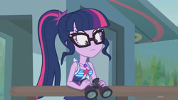 Size: 3410x1920 | Tagged: safe, screencap, sci-twi, twilight sparkle, equestria girls, g4, my little pony equestria girls: better together, unsolved selfie mysteries, bare shoulders, binoculars, clothes, female, geode of empathy, glasses, high res, jewelry, magical geodes, necklace, one-piece swimsuit, ponytail, sci-twi swimsuit, sleeveless, solo, swimsuit