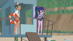 Size: 3410x1920 | Tagged: safe, screencap, sci-twi, timber spruce, twilight sparkle, equestria girls, g4, my little pony equestria girls: better together, unsolved selfie mysteries, bare shoulders, barefoot, beach, clothes, feet, female, geode of telekinesis, glasses, high res, jewelry, lifeguard timber, magical geodes, male, necklace, one-piece swimsuit, ponytail, sandals, sleeveless, swimsuit