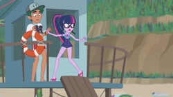 Size: 3410x1920 | Tagged: safe, screencap, sci-twi, timber spruce, twilight sparkle, equestria girls, equestria girls series, g4, unsolved selfie mysteries, bare shoulders, barefoot, beach, clothes, feet, female, geode of telekinesis, glasses, high res, jewelry, lifeguard timber, magical geodes, male, necklace, one-piece swimsuit, open mouth, ponytail, sandals, sleeveless, swimsuit