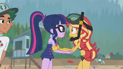 Size: 3410x1920 | Tagged: safe, screencap, sci-twi, sunset shimmer, timber spruce, twilight sparkle, equestria girls, g4, my little pony equestria girls: better together, unsolved selfie mysteries, bare shoulders, beach, beach shorts swimsuit, clothes, dive mask, female, geode of telekinesis, glasses, goggles, high res, jewelry, lifeguard timber, magical geodes, male, necklace, one-piece swimsuit, open mouth, ponytail, sleeveless, sunset shimmer's beach shorts swimsuit, swimsuit, trio