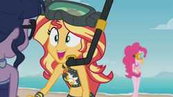 Size: 3410x1920 | Tagged: safe, screencap, pinkie pie, sci-twi, sunset shimmer, twilight sparkle, equestria girls, g4, my little pony equestria girls: better together, unsolved selfie mysteries, bare shoulders, beach, beach shorts swimsuit, belly button, clothes, dive mask, female, geode of empathy, glasses, goggles, high res, jewelry, magical geodes, necklace, one-piece swimsuit, open mouth, pinkie pie swimsuit, ponytail, sleeveless, sunset shimmer's beach shorts swimsuit, swimsuit