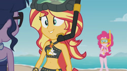 Size: 3410x1920 | Tagged: safe, screencap, pinkie pie, sci-twi, sunset shimmer, twilight sparkle, equestria girls, g4, my little pony equestria girls: better together, unsolved selfie mysteries, bare shoulders, beach, beach shorts swimsuit, belly button, clothes, cute, dive mask, female, geode of empathy, geode of sugar bombs, glasses, goggles, high res, jewelry, magical geodes, necklace, one-piece swimsuit, pinkie pie swimsuit, ponytail, shimmerbetes, sleeveless, smiling, sunset shimmer's beach shorts swimsuit, swimsuit