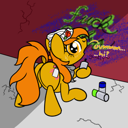 Size: 2000x2000 | Tagged: safe, artist:dafiltafish, oc, oc:riot charge, earth pony, pony, blushing, butt, cans, graffiti, high res, plot, sweat, text