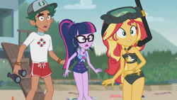 Size: 3410x1920 | Tagged: safe, screencap, sci-twi, sunset shimmer, timber spruce, twilight sparkle, equestria girls, g4, my little pony equestria girls: better together, unsolved selfie mysteries, bare shoulders, beach, beach shorts swimsuit, belly button, clothes, dive mask, female, geode of empathy, geode of telekinesis, glasses, goggles, high res, jewelry, legs together, lifeguard timber, magical geodes, male, necklace, one-piece swimsuit, open mouth, sci-twi swimsuit, sleeveless, sunset shimmer's beach shorts swimsuit, swimsuit
