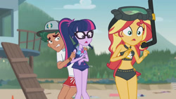 Size: 3410x1920 | Tagged: safe, screencap, sci-twi, sunset shimmer, timber spruce, twilight sparkle, equestria girls, g4, my little pony equestria girls: better together, unsolved selfie mysteries, bare shoulders, beach, beach shorts swimsuit, belly button, clothes, dive mask, female, geode of empathy, geode of telekinesis, glasses, goggles, high res, jewelry, lifeguard timber, magical geodes, male, necklace, one-piece swimsuit, open mouth, sleeveless, sunset shimmer's beach shorts swimsuit, swimsuit