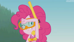 Size: 3410x1920 | Tagged: safe, screencap, pinkie pie, equestria girls, g4, my little pony equestria girls: better together, unsolved selfie mysteries, armpits, bare shoulders, clothes, dive mask, female, geode of sugar bombs, goggles, high res, jewelry, magical geodes, musical instrument, necklace, one eye closed, one-piece swimsuit, sleeveless, snorkel, solo, swimsuit