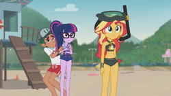 Size: 3410x1920 | Tagged: safe, screencap, sci-twi, sunset shimmer, timber spruce, twilight sparkle, equestria girls, g4, my little pony equestria girls: better together, unsolved selfie mysteries, bare shoulders, beach, beach shorts swimsuit, belly button, clothes, dive mask, female, geode of empathy, geode of telekinesis, glasses, goggles, high res, jewelry, lifeguard timber, magical geodes, male, necklace, one-piece swimsuit, sci-twi swimsuit, sleeveless, snorkel, sunset shimmer's beach shorts swimsuit, swimming trunks, swimsuit, trio