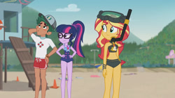 Size: 3410x1920 | Tagged: safe, screencap, sci-twi, sunset shimmer, timber spruce, twilight sparkle, equestria girls, g4, my little pony equestria girls: better together, unsolved selfie mysteries, :/, arm behind head, bare shoulders, beach, beach shorts swimsuit, belly button, blushing, clothes, dive mask, female, geode of empathy, geode of telekinesis, glasses, goggles, hand on hip, high res, jewelry, lifeguard timber, magical geodes, male, necklace, one-piece swimsuit, puckered lips, sleeveless, snorkel, sunset shimmer's beach shorts swimsuit, swimsuit, twilight sparkle is not amused, unamused, whistling