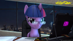 Size: 3840x2160 | Tagged: safe, artist:fireemerald123, twilight sparkle, alicorn, pony, g4, 3d, city, cityscape, computer, eta, glasses, helicopter, high res, night, office, pencil, source filmmaker, twilight sparkle (alicorn), voidpunk, watermark, window