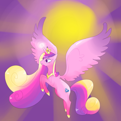 Size: 2449x2449 | Tagged: safe, artist:buu, princess cadance, alicorn, pony, g4, big mane, female, flying, high res, jewelry, large wings, mare, peytral, regalia, solo, spread wings, sun, wings