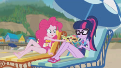 Size: 3410x1920 | Tagged: safe, screencap, pinkie pie, sci-twi, twilight sparkle, equestria girls, friendship math, g4, my little pony equestria girls: better together, bare shoulders, barefoot, beach, beach chair, book, chair, clothes, feet, female, geode of sugar bombs, geode of telekinesis, glasses, high res, jewelry, magazine, magazine cover, magical geodes, necklace, one-piece swimsuit, open mouth, ponytail, sandals, sleeveless, smiling, swimsuit, umbrella