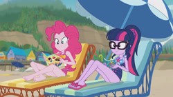 Size: 3410x1920 | Tagged: safe, screencap, pinkie pie, sci-twi, twilight sparkle, equestria girls, friendship math, g4, my little pony equestria girls: better together, bare shoulders, barefoot, beach, beach chair, book, chair, clothes, duo, feet, female, geode of sugar bombs, geode of telekinesis, glasses, high res, huh, jewelry, magazine, magazine cover, magical geodes, necklace, one-piece swimsuit, ponytail, sandals, sleeveless, smiling, swimsuit, umbrella