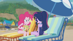 Size: 3410x1920 | Tagged: safe, screencap, pinkie pie, sci-twi, twilight sparkle, equestria girls, friendship math, g4, my little pony equestria girls: better together, bare shoulders, bareback, beach, beach chair, book, chair, clothes, female, geode of sugar bombs, glasses, high res, jewelry, magazine, magazine cover, magical geodes, necklace, one-piece swimsuit, pinkie pie swimsuit, ponytail, sci-twi swimsuit, sleeveless, smiling, swimsuit, umbrella