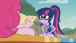 Size: 3410x1920 | Tagged: safe, screencap, pinkie pie, sci-twi, twilight sparkle, equestria girls, equestria girls series, friendship math, g4, bare shoulders, beach, beach chair, book, chair, clothes, coach, female, geode of telekinesis, glasses, high res, jewelry, magazine, magical geodes, necklace, one-piece swimsuit, pinkie pie swimsuit, ponytail, schrödinger's pantsu, sci-twi swimsuit, sleeveless, smiling, swimsuit