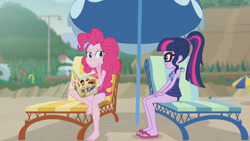 Size: 3410x1920 | Tagged: safe, screencap, pinkie pie, sci-twi, twilight sparkle, equestria girls, equestria girls series, friendship math, g4, bare shoulders, barefoot, beach, beach chair, book, chair, clothes, feet, female, geode of sugar bombs, geode of telekinesis, glasses, high res, jewelry, magazine, magazine cover, magical geodes, necklace, one-piece swimsuit, ponytail, sandals, sleeveless, smiling, swimsuit, umbrella