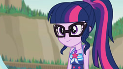 Size: 3410x1920 | Tagged: safe, screencap, sci-twi, twilight sparkle, equestria girls, friendship math, g4, my little pony equestria girls: better together, bare shoulders, beach, cute, female, geode of telekinesis, glasses, high res, jewelry, magical geodes, necklace, ponytail, sci-twiabetes, sleeveless, smiling, solo, twiabetes
