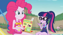 Size: 3410x1920 | Tagged: safe, screencap, pinkie pie, sci-twi, twilight sparkle, equestria girls, equestria girls series, friendship math, g4, bare shoulders, beach, beach chair, book, chair, clothes, female, geode of sugar bombs, geode of telekinesis, glasses, high res, jewelry, magazine, magazine cover, magical geodes, necklace, one-piece swimsuit, ponytail, sleeveless, smiling, swimsuit