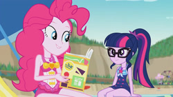 Size: 3410x1920 | Tagged: safe, screencap, pinkie pie, sci-twi, twilight sparkle, equestria girls, equestria girls series, friendship math, g4, bare shoulders, beach, beach chair, book, chair, clothes, female, geode of sugar bombs, geode of telekinesis, glasses, high res, jewelry, lip bite, magazine, magazine cover, magical geodes, necklace, one-piece swimsuit, ponytail, sleeveless, smiling, swimsuit