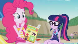 Size: 3410x1920 | Tagged: safe, screencap, pinkie pie, sci-twi, twilight sparkle, equestria girls, equestria girls series, friendship math, g4, bare shoulders, beach, beach chair, book, chair, clothes, female, geode of sugar bombs, geode of telekinesis, glasses, high res, jewelry, magazine, magazine cover, magical geodes, necklace, one-piece swimsuit, ponytail, sleeveless, smiling, swimsuit