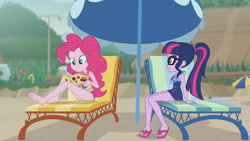 Size: 3410x1920 | Tagged: safe, screencap, pinkie pie, sci-twi, twilight sparkle, equestria girls, equestria girls series, friendship math, g4, bare shoulders, barefoot, beach, beach chair, book, chair, clothes, feet, female, geode of telekinesis, glasses, high res, jewelry, magazine, magazine cover, magical geodes, necklace, one-piece swimsuit, ponytail, sandals, sleeveless, smiling, swimsuit, umbrella
