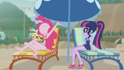 Size: 3410x1920 | Tagged: safe, screencap, pinkie pie, sci-twi, twilight sparkle, equestria girls, equestria girls series, friendship math, g4, armpits, bare shoulders, barefoot, beach, beach chair, book, chair, clothes, feet, female, geode of sugar bombs, geode of telekinesis, glasses, high res, jewelry, magazine, magazine cover, magical geodes, necklace, no points, nose in the air, one-piece swimsuit, ponytail, sandals, sleeveless, smiling, swimsuit, umbrella
