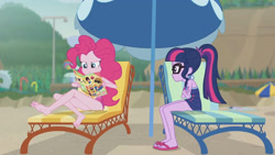 Size: 3410x1920 | Tagged: safe, screencap, pinkie pie, sci-twi, twilight sparkle, equestria girls, equestria girls series, friendship math, g4, bare shoulders, barefoot, beach, beach chair, book, chair, clothes, feet, female, geode of telekinesis, glasses, high res, jewelry, magazine, magazine cover, magical geodes, necklace, one-piece swimsuit, ponytail, sandals, sleeveless, smiling, swimsuit, umbrella