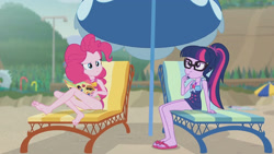 Size: 3410x1920 | Tagged: safe, screencap, pinkie pie, sci-twi, twilight sparkle, equestria girls, equestria girls series, friendship math, g4, bare shoulders, barefoot, beach, beach chair, book, chair, clothes, feet, female, geode of sugar bombs, geode of telekinesis, glasses, high res, jewelry, magazine, magazine cover, magical geodes, necklace, one-piece swimsuit, ponytail, sandals, sleeveless, swimsuit, umbrella