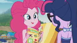 Size: 3410x1920 | Tagged: safe, screencap, pinkie pie, sci-twi, twilight sparkle, equestria girls, equestria girls series, friendship math, g4, bare shoulders, bareback, beach, beach chair, book, chair, clothes, cute, diapinkes, female, glasses, high res, jewelry, magazine, magazine cover, necklace, one-piece swimsuit, open mouth, ponytail, sleeveless, smiling, swimsuit