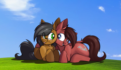 Size: 1095x631 | Tagged: safe, artist:notetaker, oc, oc:chance, oc:notetaker, earth pony, pegasus, pony, :p, glasses, lying down, male, tongue out, windows xp background